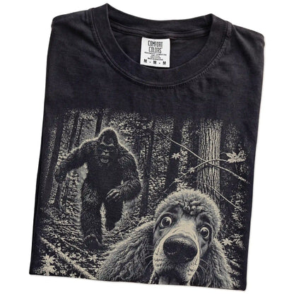Black Poodle Bigfoot selfie T-shirt, close-up view