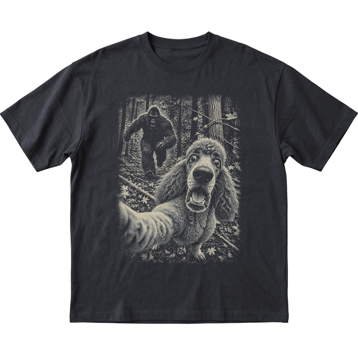 Black Poodle Bigfoot selfie T-shirt, full garment view