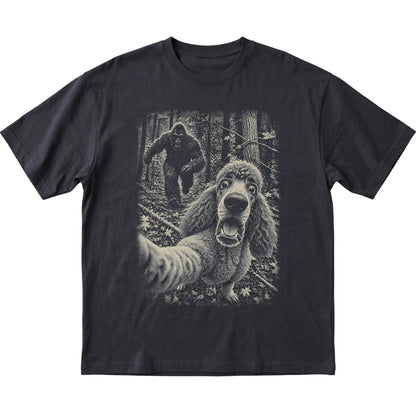 Black Poodle Bigfoot selfie T-shirt, full garment view