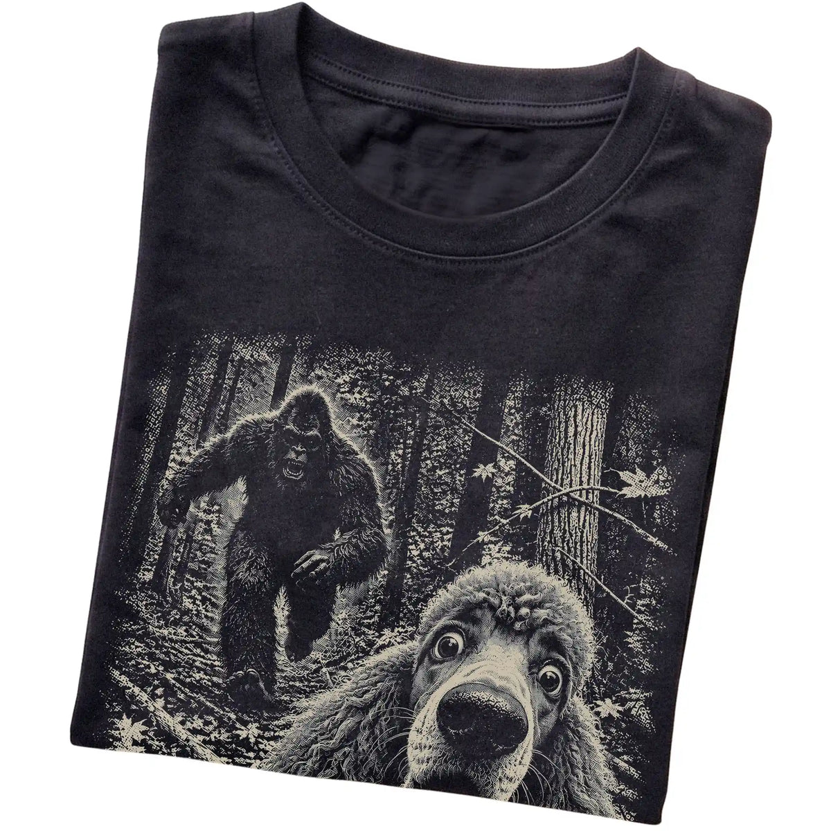 Black Poodle Bigfoot selfie T-shirt, close-up view