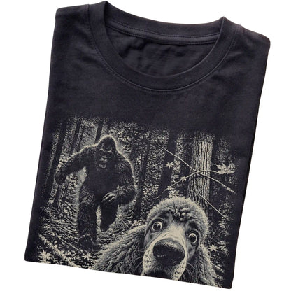 Black Poodle Bigfoot selfie T-shirt, close-up view