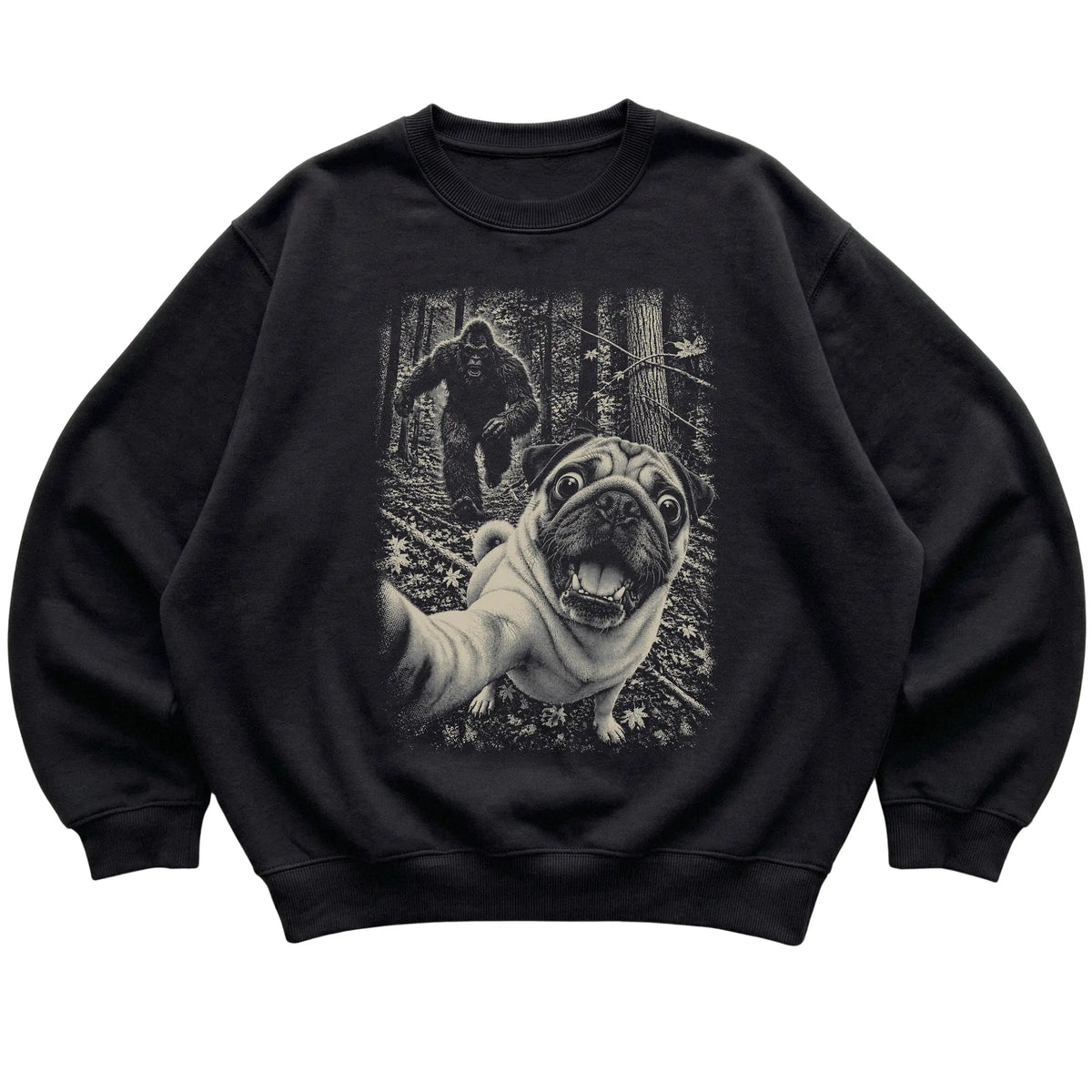 Black Pug Bigfoot selfie sweatshirt, full garment view