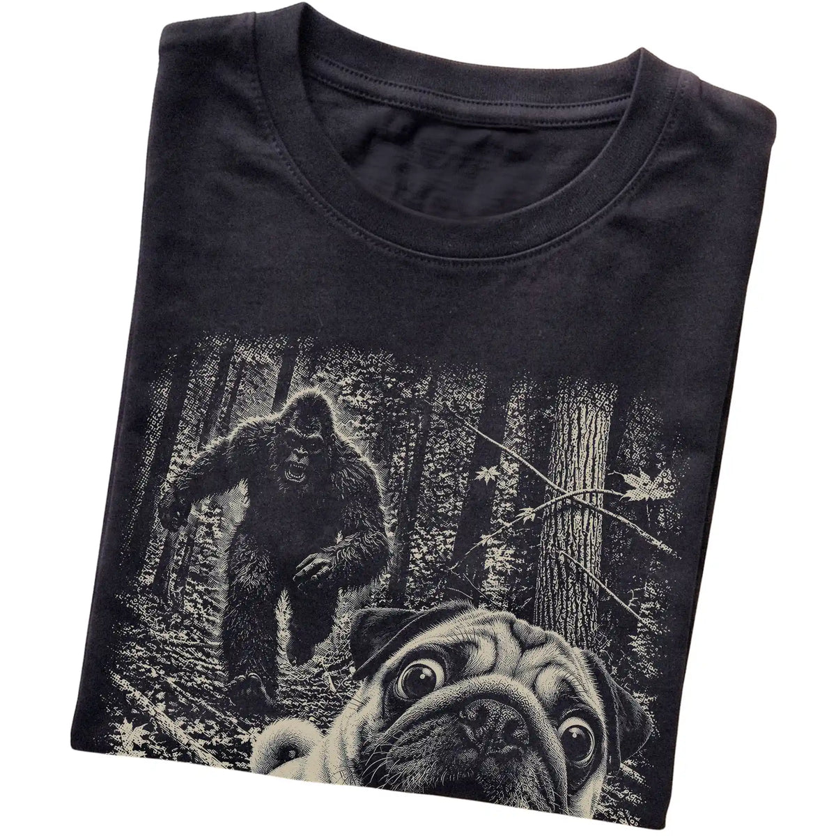 Black Pug Bigfoot selfie T-shirt, close-up view
