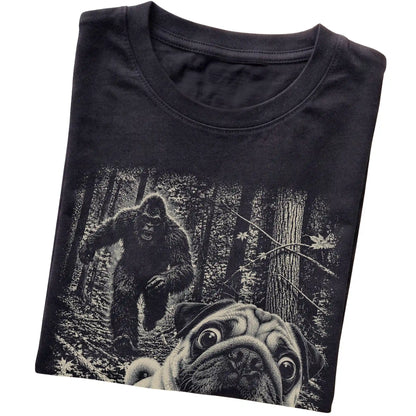 Black Pug Bigfoot selfie T-shirt, close-up view