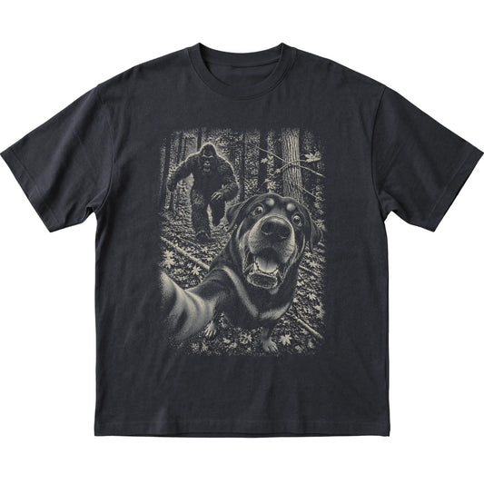 Black Rottweiler Bigfoot selfie T-shirt, full garment view