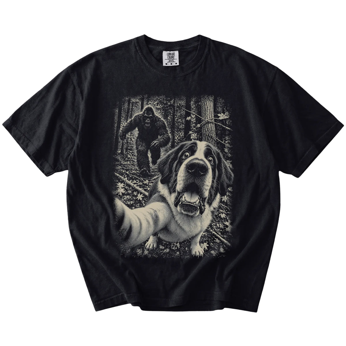 Black Saint Bernard Bigfoot selfie T-shirt, full garment view