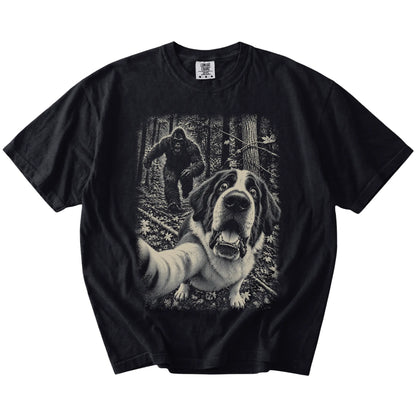 Black Saint Bernard Bigfoot selfie T-shirt, full garment view
