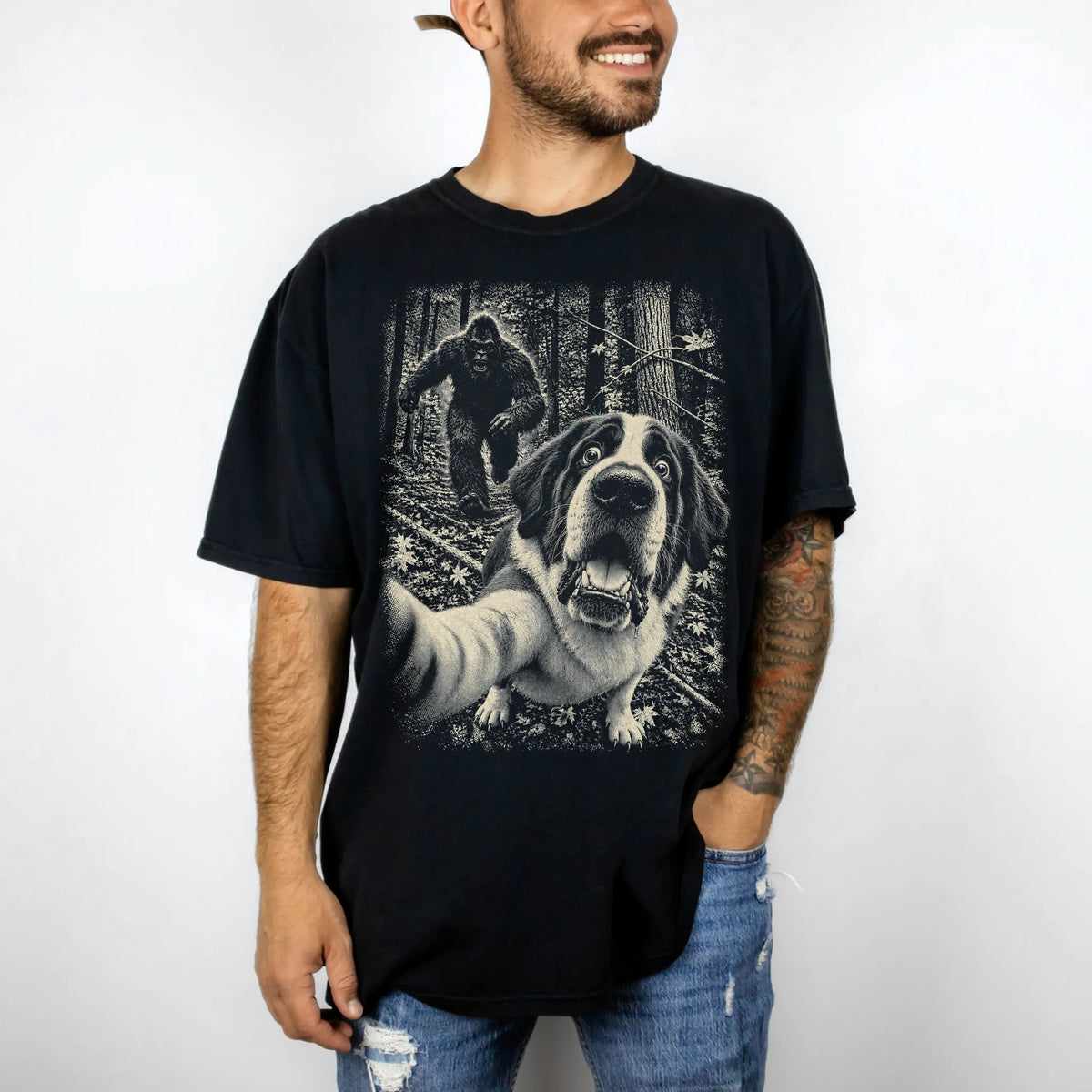 Black Saint Bernard Bigfoot selfie T-shirt, worn by a model