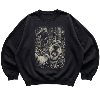 Black Schnauzer Bigfoot selfie sweatshirt, full garment view