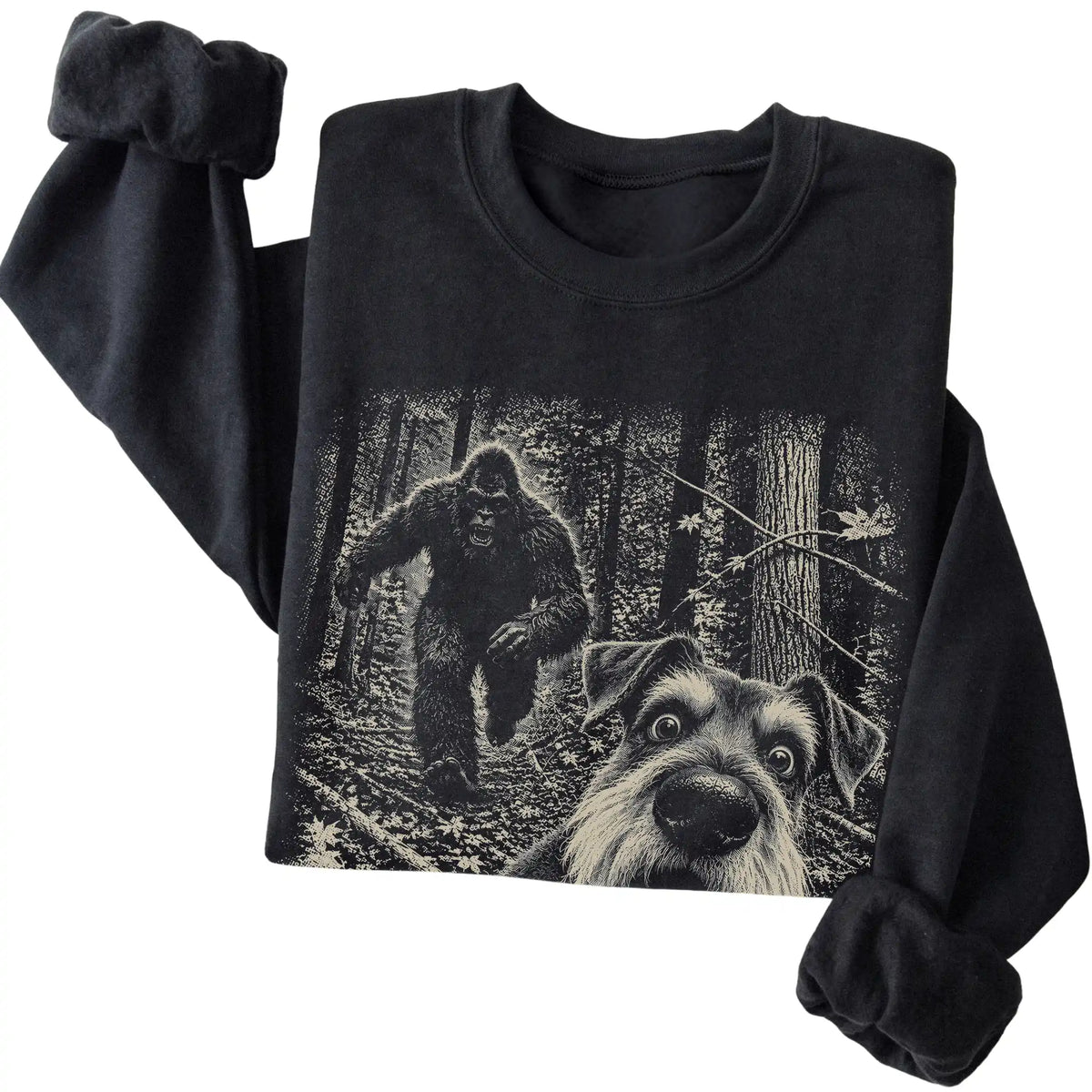 Black Schnauzer Bigfoot selfie sweatshirt, close-up view