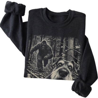 Black Schnauzer Bigfoot selfie sweatshirt, close-up view