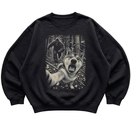 Black Shiba Inu Bigfoot selfie sweatshirt, full garment view