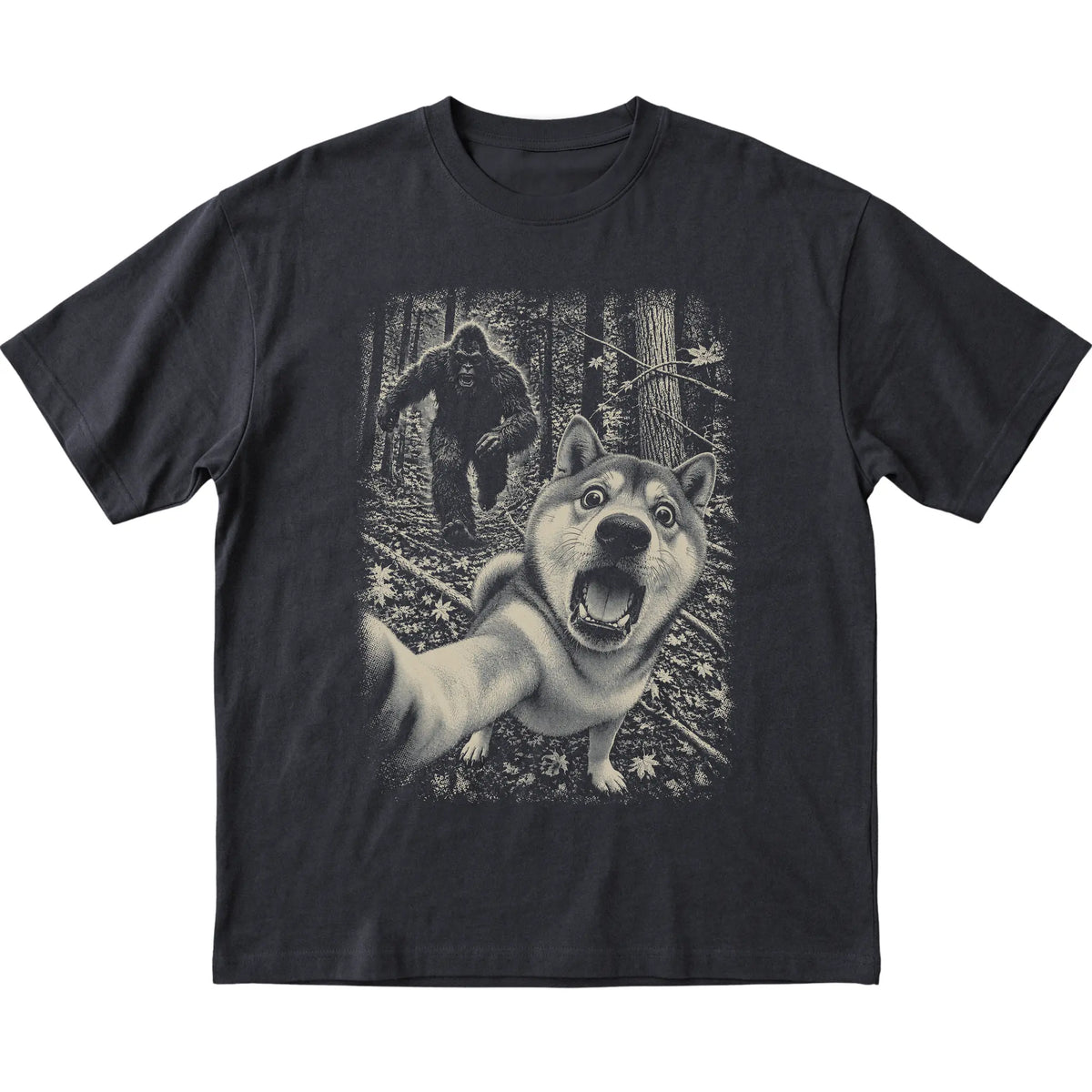 Black Shiba Inu Bigfoot selfie T-shirt, full garment view