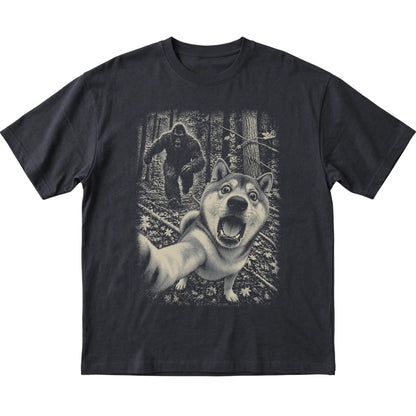 Black Shiba Inu Bigfoot selfie T-shirt, full garment view