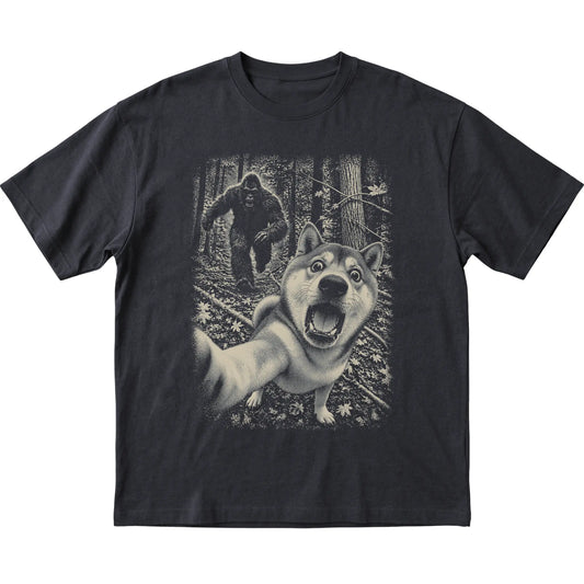 Black Shiba Inu Bigfoot selfie T-shirt, full garment view