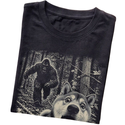 Black Shiba Inu Bigfoot selfie T-shirt, close-up view