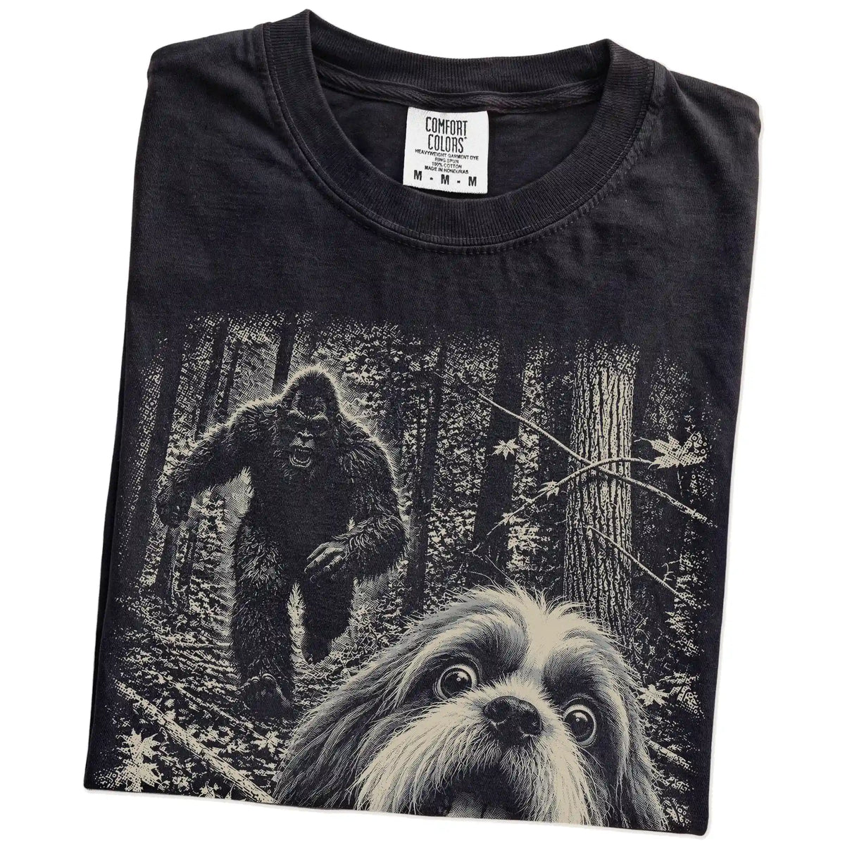 Black Shih Tzu Bigfoot selfie T-shirt, close-up view