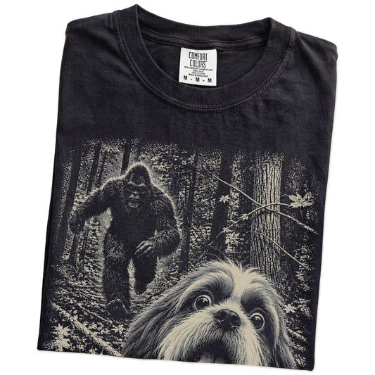 Black Shih Tzu Bigfoot selfie T-shirt, close-up view