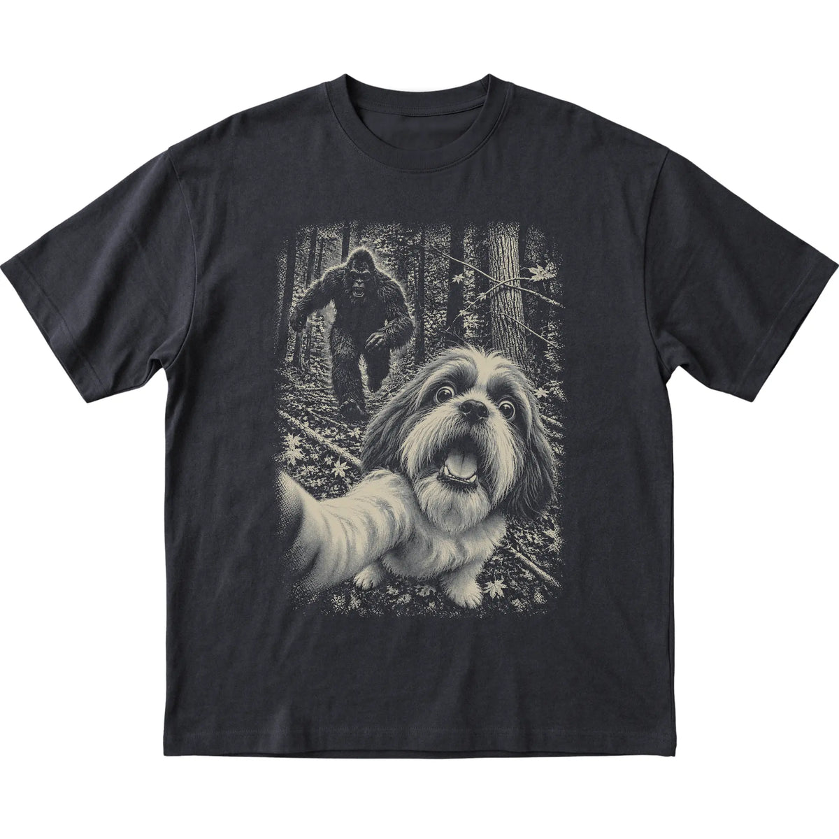 Black Shih Tzu Bigfoot selfie T-shirt, full garment view