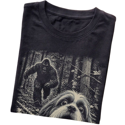Black Shih Tzu Bigfoot selfie T-shirt, close-up view