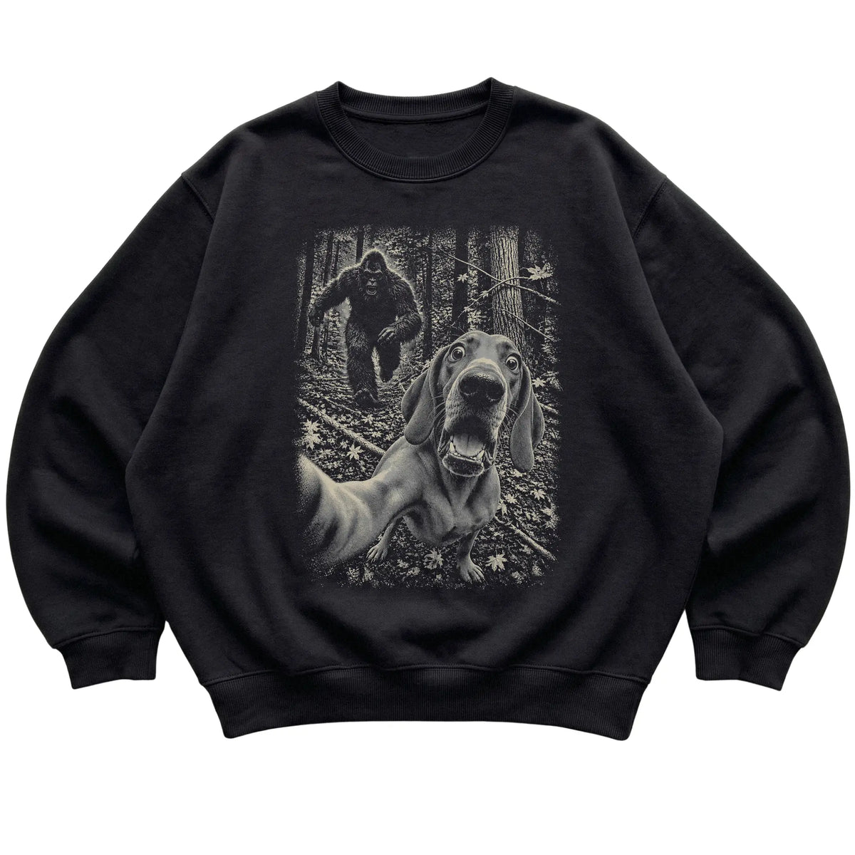 Black Vizsla Bigfoot selfie sweatshirt, full garment view