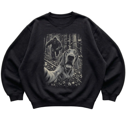 Black Vizsla Bigfoot selfie sweatshirt, full garment view
