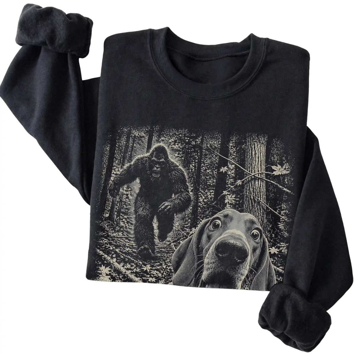Black Vizsla Bigfoot selfie sweatshirt, close-up view