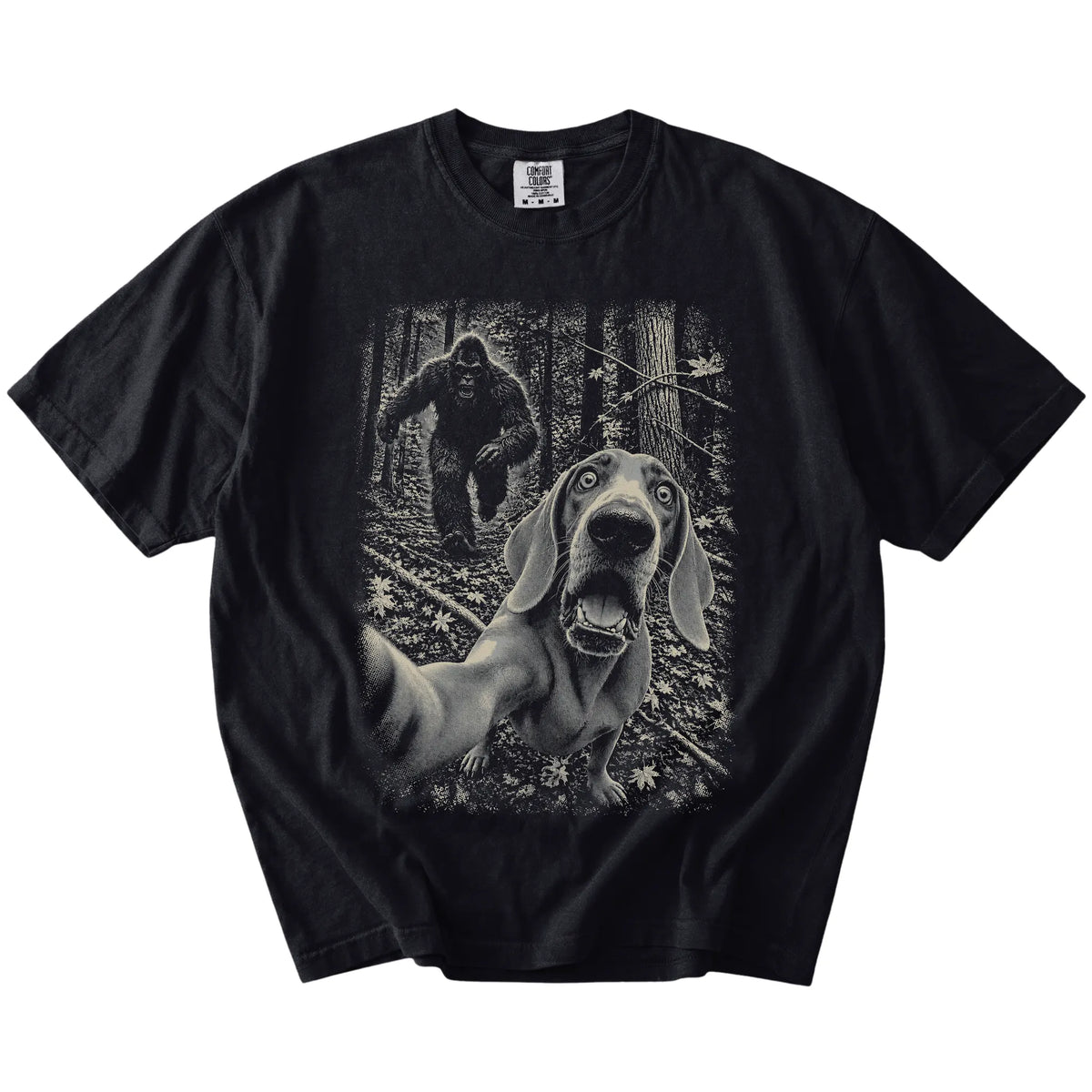Black Weimaraner Bigfoot selfie T-shirt, full garment view