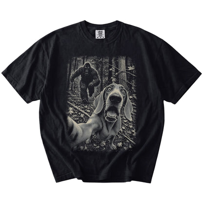 Black Weimaraner Bigfoot selfie T-shirt, full garment view