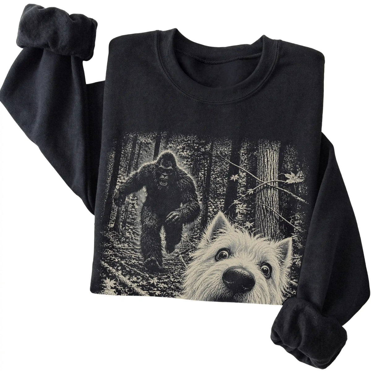 Black Westie Bigfoot selfie sweatshirt, close-up view