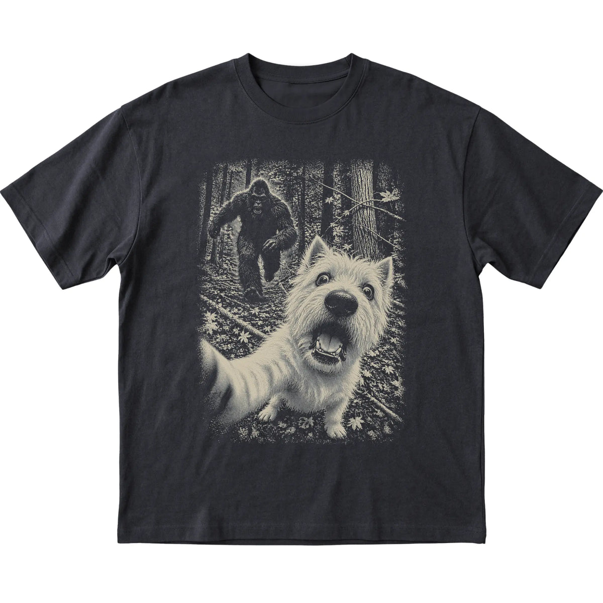 Black Westie Bigfoot selfie T-shirt, full garment view