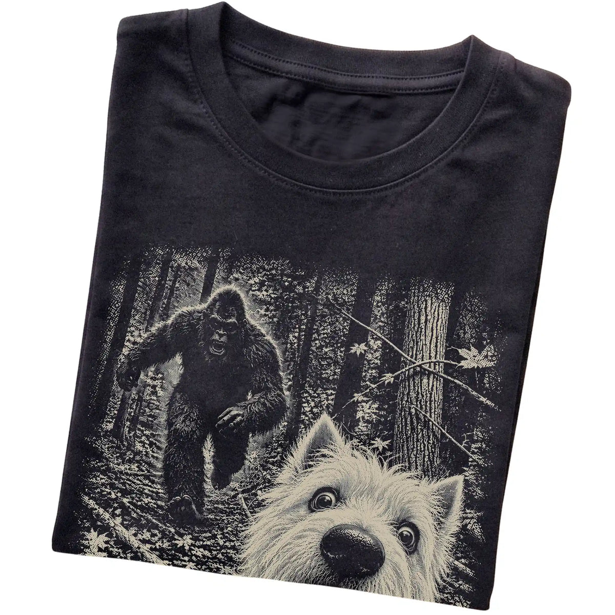 Black Westie Bigfoot selfie T-shirt, close-up view