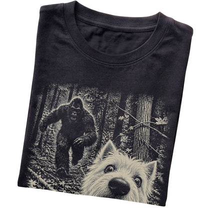 Black Westie Bigfoot selfie T-shirt, close-up view