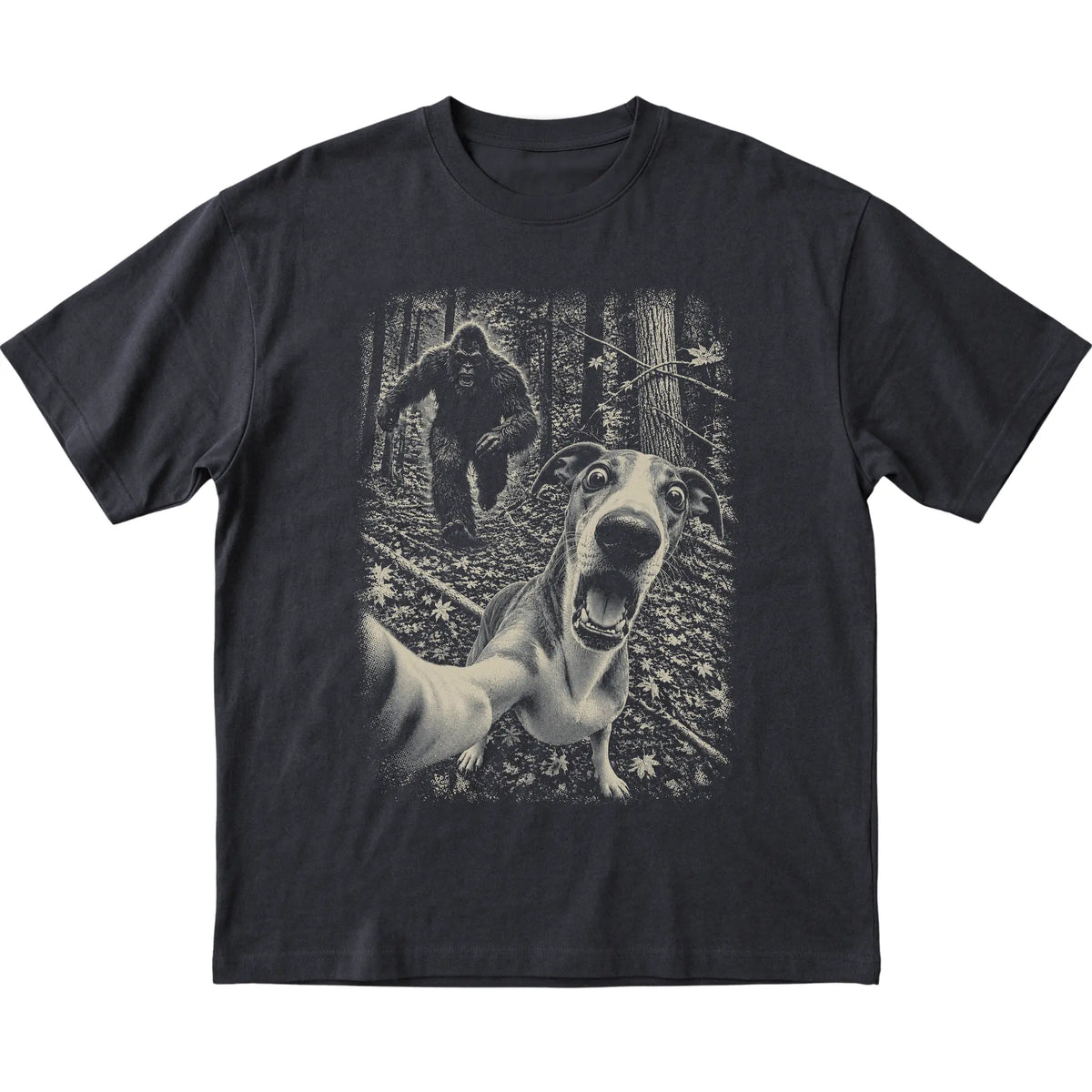 Black Whippet Bigfoot selfie T-shirt, full garment view