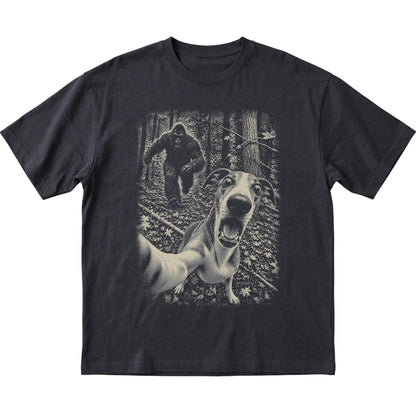 Black Whippet Bigfoot selfie T-shirt, full garment view