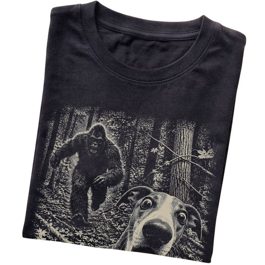 Black Whippet Bigfoot selfie T-shirt, close-up view