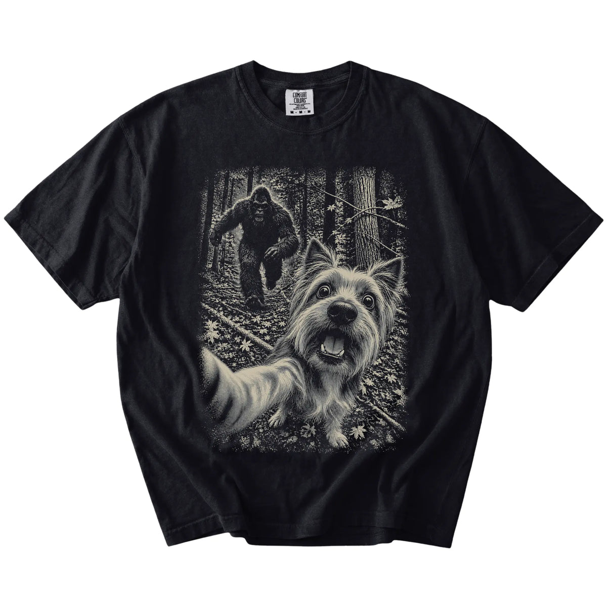 Black Yorkie Bigfoot selfie T-shirt, full garment view