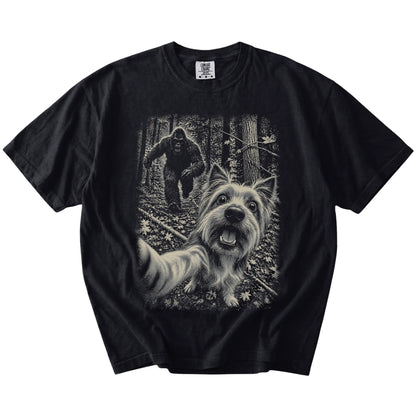 Black Yorkie Bigfoot selfie T-shirt, full garment view
