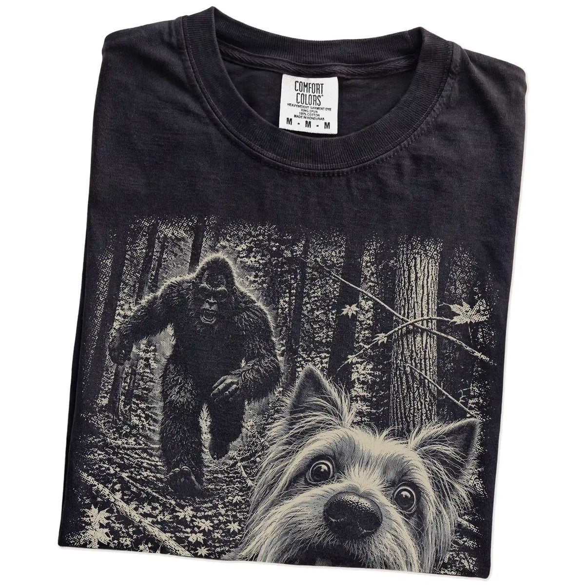 Black Yorkie Bigfoot selfie T-shirt, close-up view