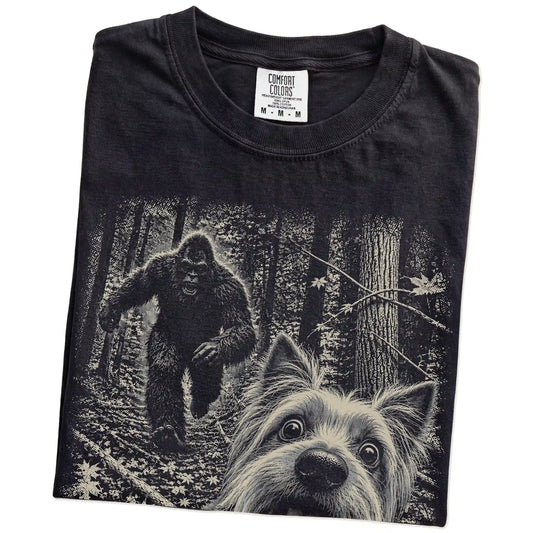 Black Yorkie Bigfoot selfie T-shirt, close-up view