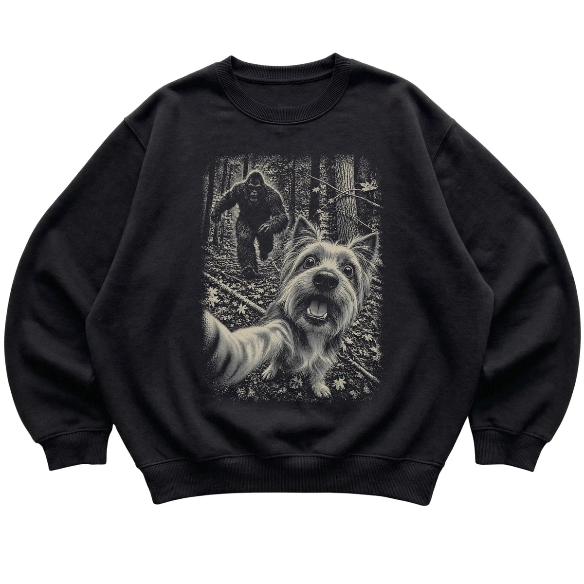 Black Yorkie Bigfoot selfie sweatshirt, full garment view