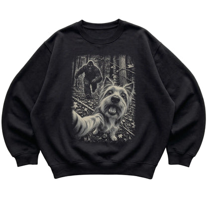 Black Yorkie Bigfoot selfie sweatshirt, full garment view