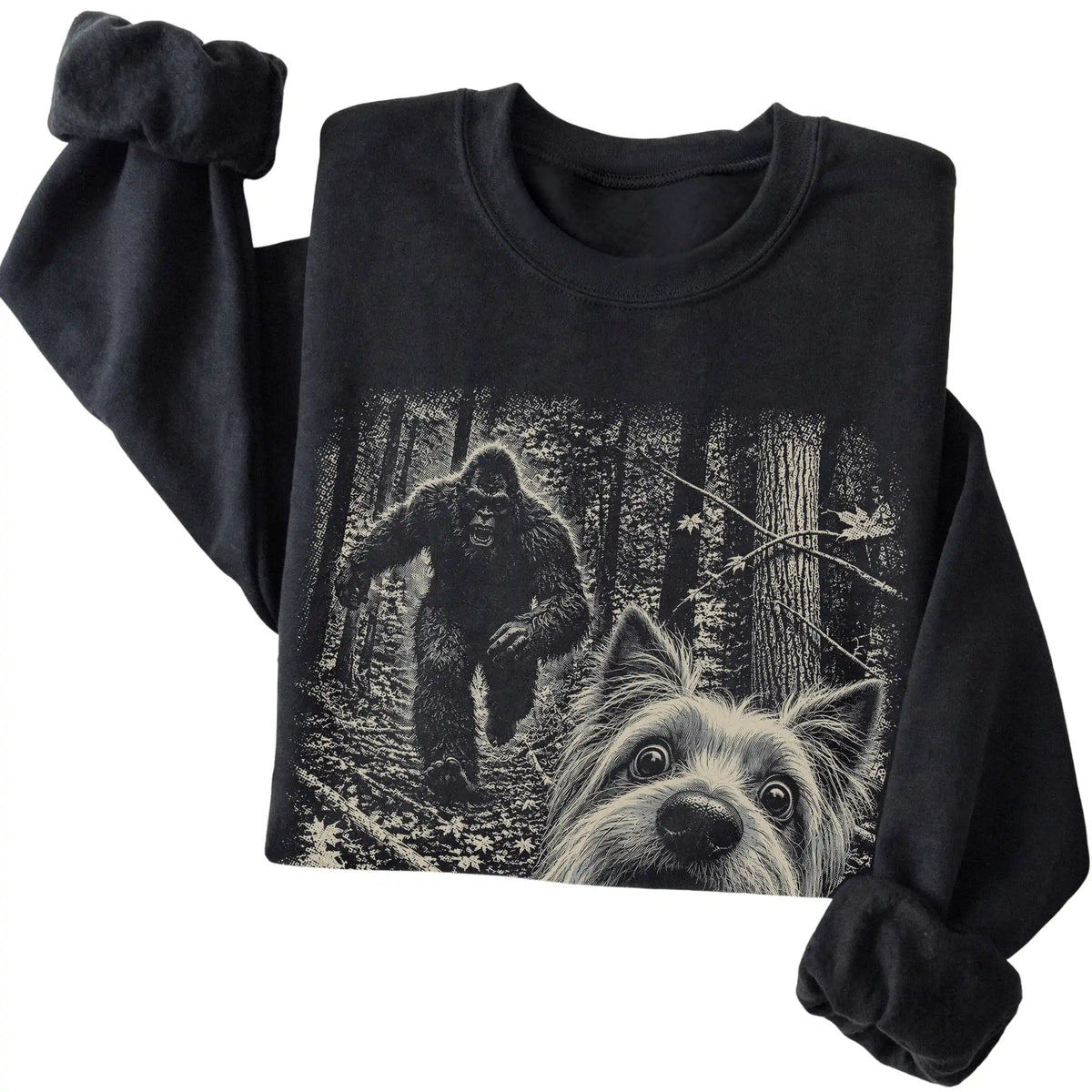 Black Yorkie Bigfoot selfie sweatshirt, close-up view
