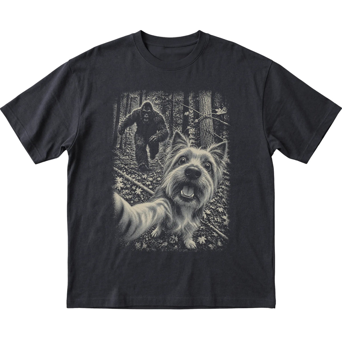 Black Yorkie Bigfoot selfie T-shirt, full garment view