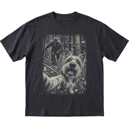 Black Yorkie Bigfoot selfie T-shirt, full garment view