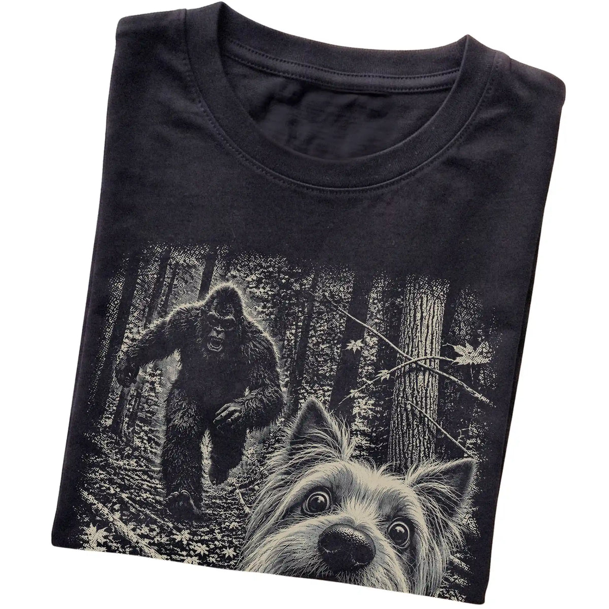 Black Yorkie Bigfoot selfie T-shirt, close-up view