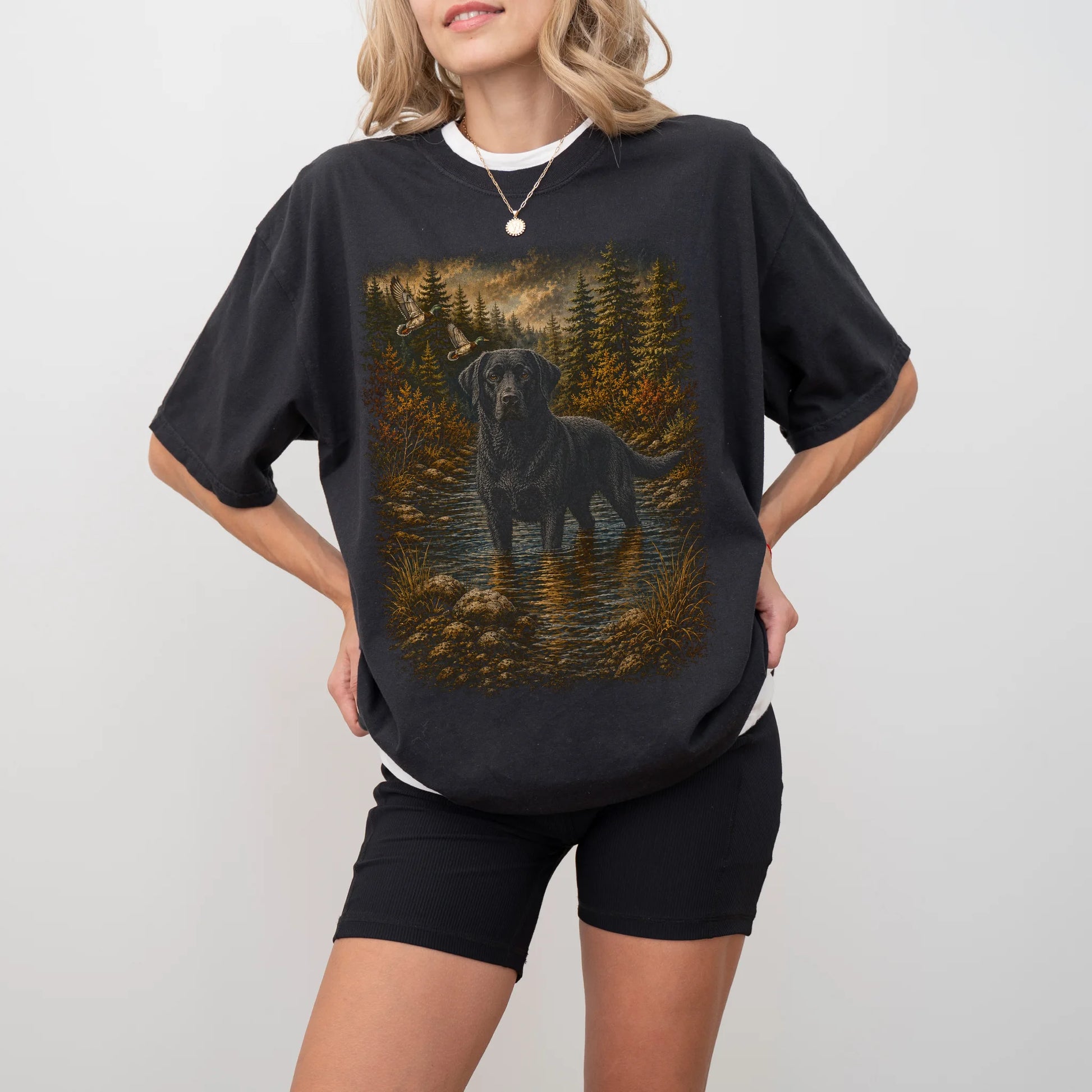 Woman wearing a Black Black Lab Duck Hunting T-Shirt