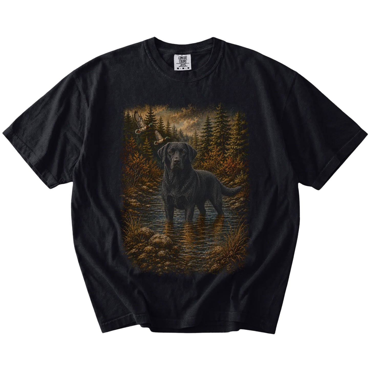 Black Black Lab Duck Hunting T-Shirt laid flat