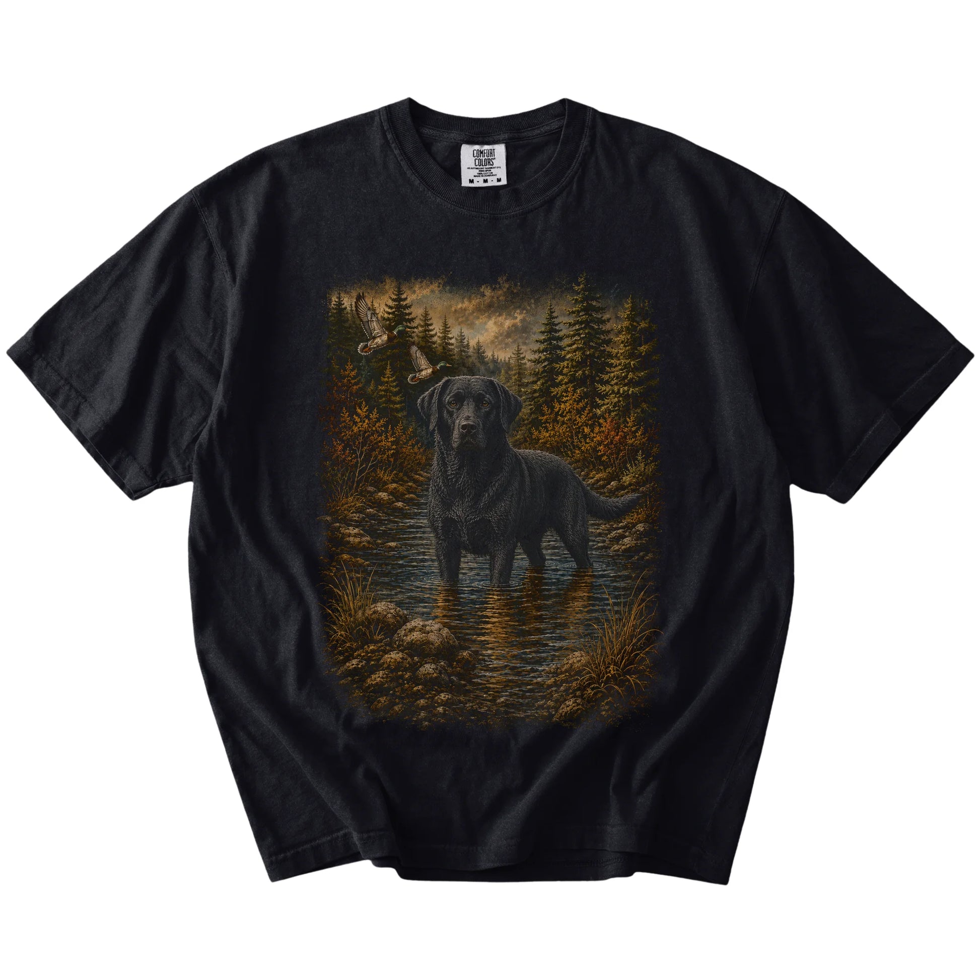 Black Black Lab Duck Hunting T-Shirt laid flat
