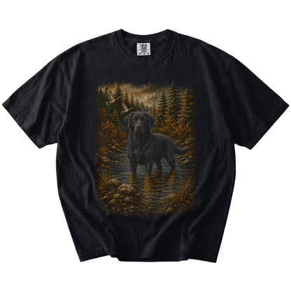 Black Black Lab Duck Hunting T-Shirt laid flat